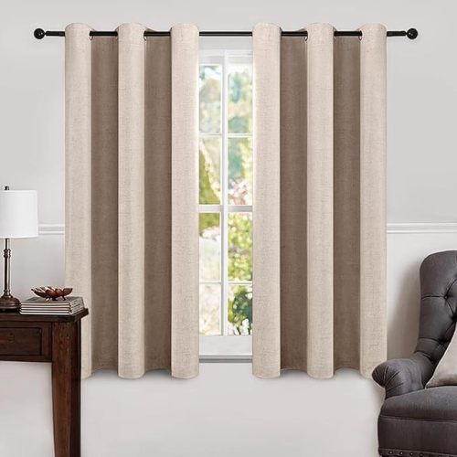 MIULEE Linen Texture Curtains Soild 100% Blackout Thermal Insulated Natural Beige Curtains Grommet Room Darkening Drapes for Living Room Bedroom 42 x 63 (2 Panels)