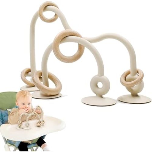 Baby Sensory High Chair Suction Toys for Infant Toddlers 12 18 Months, Food Grade Silicone String with Oak Loop Montessori Educational Parent-Child Baby Bath Toy Gift for Birthday Easter (Beige)