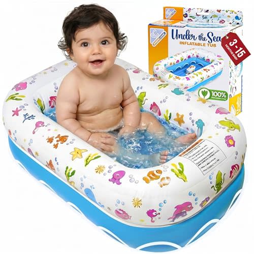 Mommy's Helper | Inflatable Under The Sea Baby Bathtub, Collapsible Safe Baby Bath Tub with Anti-Sliding Saddle Horn Seat, Must Have Travel Toddler Bath, Portable Bathtub Recommended Months 3 to 15