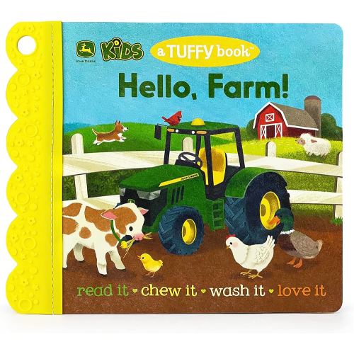 Tuffy John Deere Kids Hello, Farm! - Washable, Chewable, Unrippable Pages With Hole For Stroller Or Toy Ring, Teether Tough (A Tuffy Book)