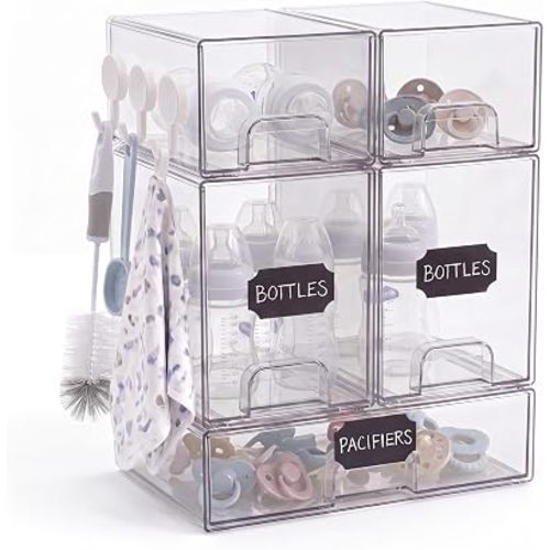 5 pack baby bottle storage organizer - clear acrylic stackable storage drawers with handles for baby bottles, kitchen countertop, pantry and vanity