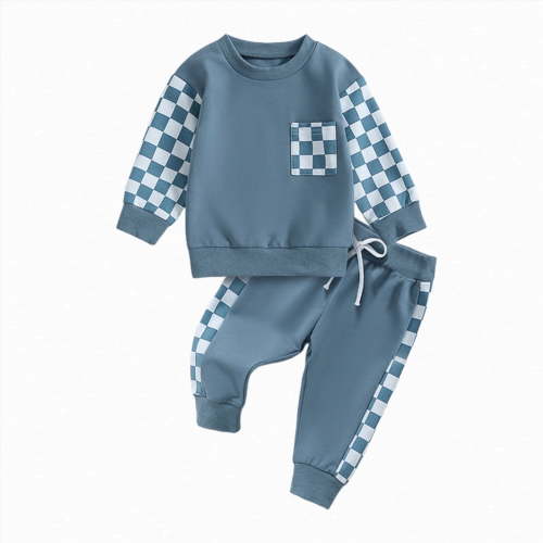 Xudanell Boy Baby Clothes 3 6 9 12 18 24 Months Boys Winter Jogger Grid Pants Outfits Contrast Color Sweatshirts Boy Outfits Blue 6-12 Months