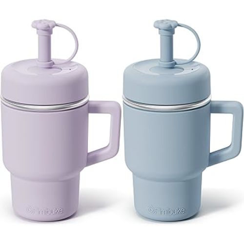 Fimibuke Toddler Tumbler with Handle & Straw, 15 OZ Spill Proof Sippy Cups for Kids Girl Boy, Leak Proof Stainless Steel Cups with Lid & Silicone Sleeve, BPA Free Dishwasher Safe Water Bottle, 2 Packs