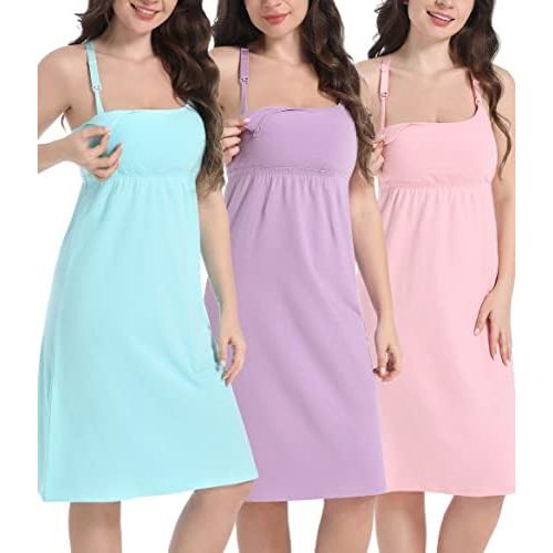 SUIEK 3-Pack Maternity Nursing Nightgown Cotton Breastfeeding Dress Pregnancy Tank Tops Sleepwear