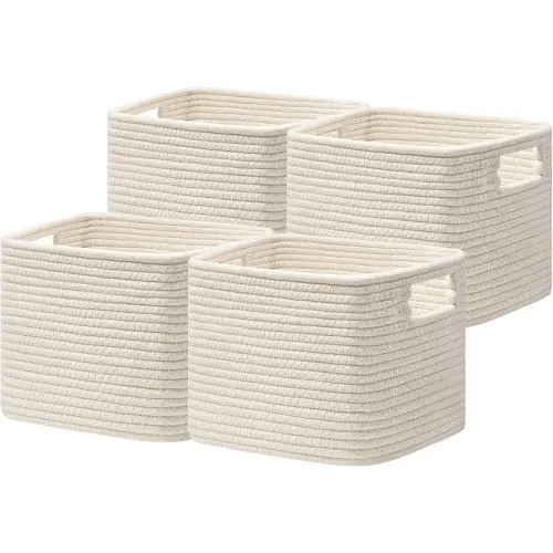 UBBCARE Storage Cubes 4 Pack, 11x 11x 7.8 Cube Storage Bin with Handles, Cotton Rope Baskets for Organizing, Woven Baskets for Shelf, Baby Nursery, Toy Storage, Closet, Classroom, Beige