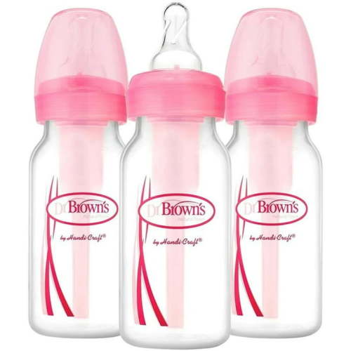 Dr. Brown's Natural Flow Anti-Colic Options+ Narrow Baby Bottle, 4oz/120mL, Level 1 Slow Flow Nipple, 3-Pack, Pink, 0m+