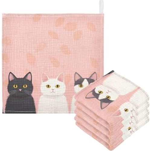 Cute Cats Baby Washcloths - 5 Pack Muslin Cotton Face Towels for Baby Newborn Girls and Boys - Soft and Absorbent - 11.8 Inch