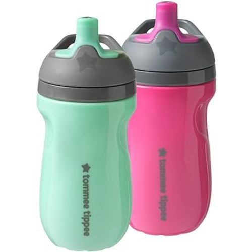 Tommee Tippee Insulated 9oz Sporty Spout Toddler Water Bottle, No Spill, Sippy Cups for Toddlers 1-3, Two-Piece Valve Helps Stop Spills, Hot Pink & Mint, BPA Free, Pack of 2
