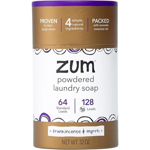 Zum Powdered Laundry Soap by Indigo Wild - Plant-Based Laundry Soap with Baking Soda, Coconut Oil & Essential Oils - 64 Loads (32 oz) - Frankincense & Myrrh