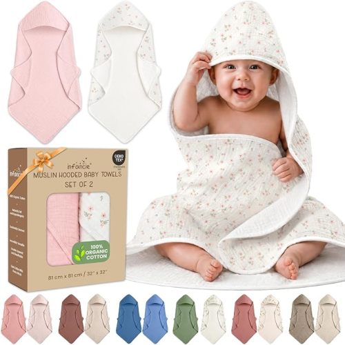 100% Organic Cotton 2 PK Muslin Baby Hooded Towels Newborn 32x32in | Oeko-TEX Certified, Bath & Hooded Towels, Toddler Towels With Hood, Toddler Bath Towels, Blush & Ivory Floral For Baby Gi