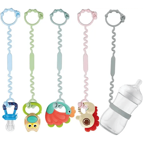 Toy Straps for Baby, Pacifier Holder Clip with Self-Adjusting Bayonet, Pure Silicone Material Without BPA; Can Be Used for Teethers, Feeding Bottles, Toys, Baby Cribs, High Chairs(5PS)