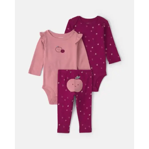 Baby Girl 3-Piece Apple Long-Sleeve Bodysuit & Pant Set - Burgundy/Pink | Carter's