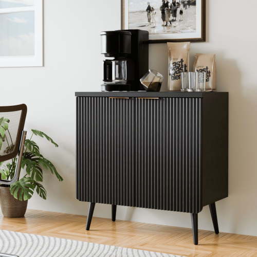 TOPCOMFY Buffet Cabinet, Sideboard Fluted Cabinet Modern Kitchen Buffet Storage Cabinets with Doors and Shelves, Wood Farmhouse Coffee Bar Station for Entryway & Dining Room & Living Room, Black