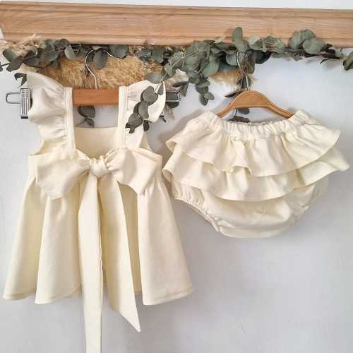 Beige linen flower girls dress, cream christening dress for girl and boy, baby girls ceremony dress, rustic ivory baby boy dress.