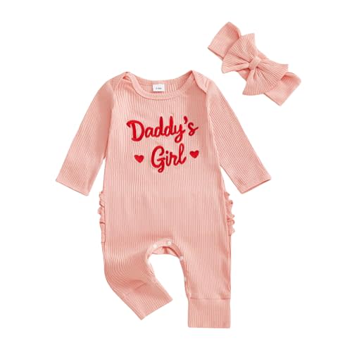 Lamuusaa Newborn Baby Girl Clothes Daddys Girl Embroidery Romper Ribbed Ruffle Bodysuit Jumpsuit with Headband Set