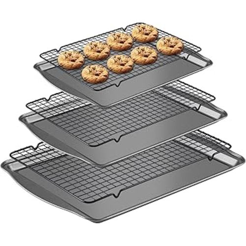 Baking Sheet with Rack Set - 3 Baking Sheets + 3 Cooling Racks, Carbon Steel Cookie Sheets & Cooling Racks in Multiple Sizes, Thickened & Warp-Resistant, Dishwasher Safe