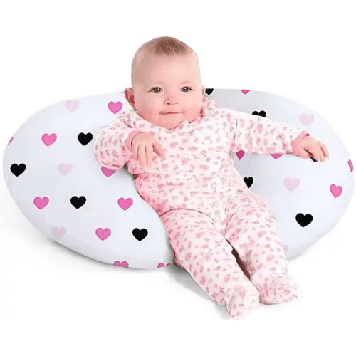 Lumono Coussin d'allaitement original pour plus de soutien pour maman et bébé, jolie housse avec rembourrage respirant, coussin de soutien d'alimentation pour 0 à 12 mois (cœurs)