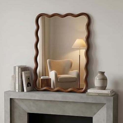 USHOWER 30x40 Inch Wavy Wood Mirror for Wall, Walnut Solid Wood Frame