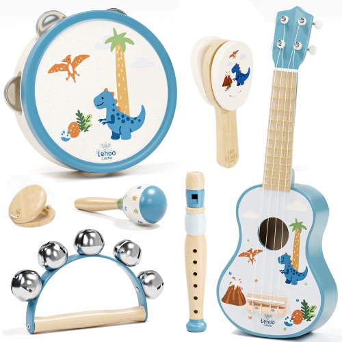 Kid Guitar Set, Musical Instruments for Kids, 7 in 1 Dinosaur Music Toys, Band Sets with Ukulele Flute Tambourine Maracas... Montessori Toys for Kids 2+ Year Old Boy, Education Preschool Toys Gift