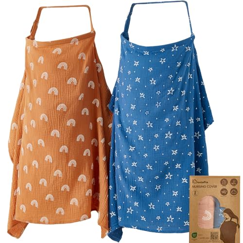 2 Pack Nursing Covers for Breastfeeding, 100% Cotton Muslin, Lightweight & Breathable, Full Coverage with Adjustable Strap (Starry Rainbow Gradient)