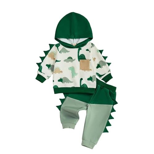 LIOMENGZI Infant Baby Boy Hooded Dinosaur Fall Outfit Contrast Sweatshirt Pant Set Toddler Dinosaur Clothes 6 12 18 Months 2T