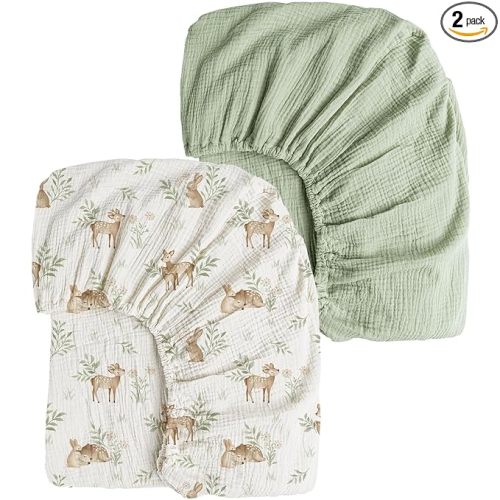 Konssy Muslin Crib Sheets 2 PCS, 100% Cotton Baby Crib Sheets for Standard Crib Mattress (28"x 52"), Soft and Breathable for Boys, Girls (Woodland,Sage)