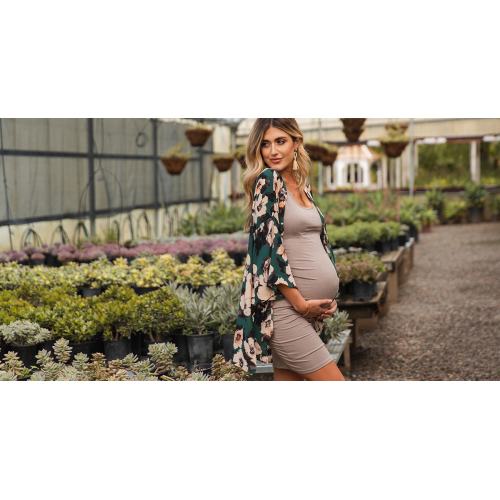 Mocha Gingham Print Smocked Fitted Self-Tie Maternity Midi Dress