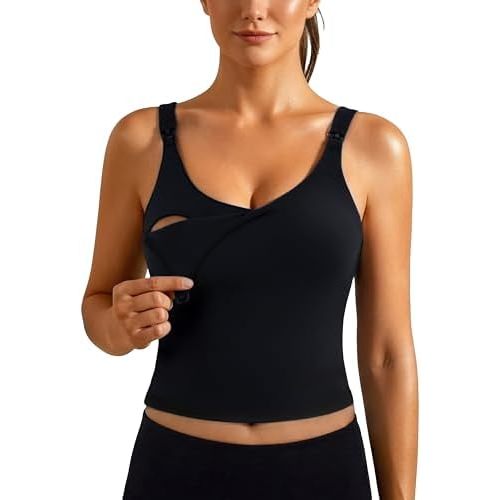 Ecavus Nursing Bras for Breastfeeding Longline Sports Maternity V Neck Buttery Soft Crop Tank Top with Built in Bra