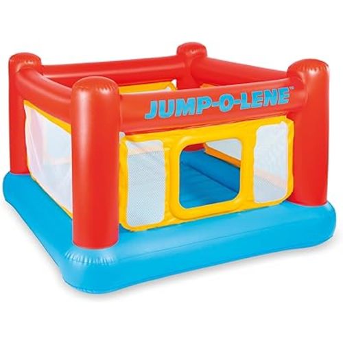 Intex Inflatable Jump-O-Lene Trampoline Bounce House with Crawl-Thru Door & Net - Indoor & Outdoor Backyard Blow-Up Bouncy Playhouse for Kids Ages 3-6