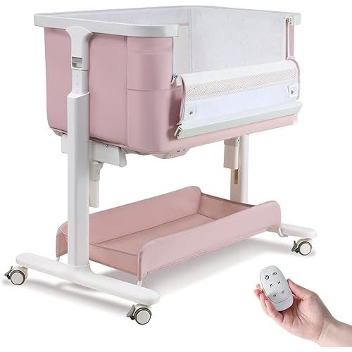 Staroyal Electric Bassinet Baby Cradle 3 Rocking Motion, 3 in 1 Baby Bassinets for Newborn with 5 Heights Adjustable, Girl/boy Automatic Rolling Bedside Sleeper, Pink
