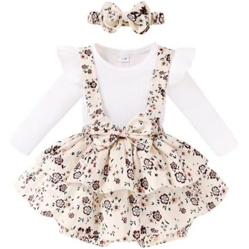 YOUNGER TREE Baby Girl Clothes Winter Outfit Long Sleeve Romper Newborn Fall Corduroy Suspender Skirt Set with Headband