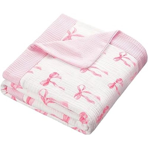 Bow Waffle Baby Blanket, 30x40 Inch Muslin Swaddle Blanket, Soft 5 Layers Crib Stroller Nursery Receiving Blankets with Muslin Front and Waffle Backing for Wrapping Infant Newborn