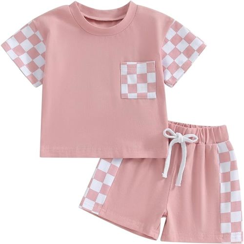 FOCUSNORM Toddler Baby Girl Outfit Newborn Girl Summer Clothes Short Sleeve T Shirt Checkerboard Top Set Elastic Waist Shorts