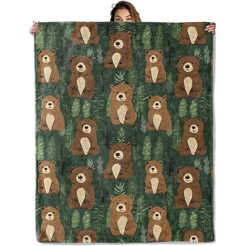 Bear and Forest Pattern Blanket 50x60 in, Flannel Throw Blankets for Travel Camping Sofa Living Room Decor, Lightweight Cozy Soft Fuzzy Gifts for Women Adults Kids