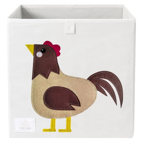 Two Cubs Foldable Kids Toy Storage Box - 13"x13" Cube Organizer Bin with Durable 2.6mm Plastic Plate Boards, Rooster Design in White - Collapsible Nursery & Playroom Storage, Fits IKEA Kallax Shelves