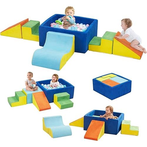 Foam Climbing Toys for Toddlers with Large Ball Pit, Foam Climbing Blocks, Soft Play Climb and Crawl Activity Playset, Toddler Play Crawling Climbing Sliding Indoor(Excluding Balls)