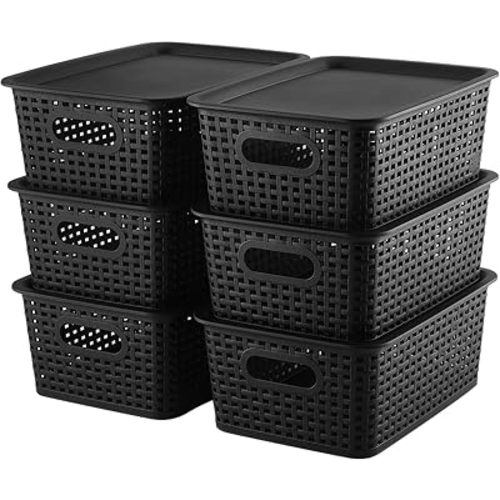 Storage Bins Plastic Storage Baskets With Lid Small Baskets for Organizing Stackable Storage Container Organizer Bins for Shelves Drawers Desktop Playroom Classroom Office, 6 Pack,Black