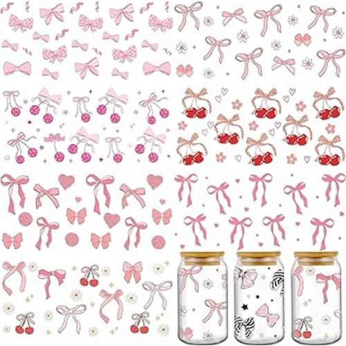 AFRITEE UV DTF Cup Wrap - 8 Sheets Coquettte Bows Cold Transfer Stickers for Glass Cups, Pink Love Floral UV DTF Cup Wrap Decals for DIY 16 oz Tumbler Water Bottle Craft Gift for Women
