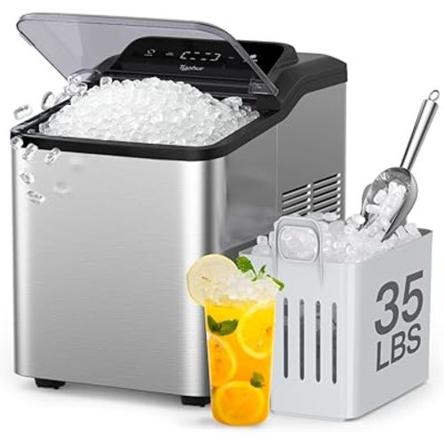 Typhur Fast Nugget Ice Maker Countertop with Self-Cleaning Pump, 35lbs/24H Crushed Pebble Ice Machine with Pellet Ice, 8 Packs Cleaner, Dual Ice Scoops for Home, Kitchen, Party, RV, Stainless Steel
