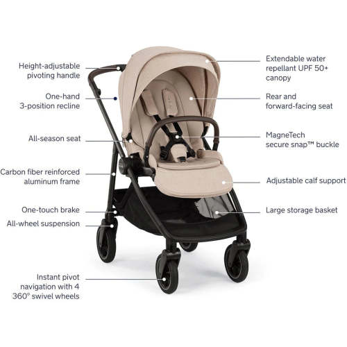 Nuna SWIV Stroller + Bassinet Bundle - Biscotti/ Caviar | Traveling Tikes