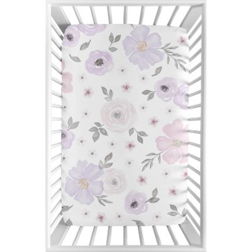 Sweet Jojo Designs Girl Baby Fitted Mini Crib Sheet Watercolor Floral Lavender Purple Pink and Grey