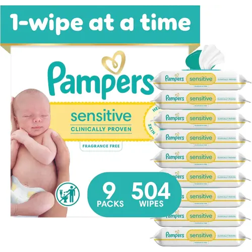 Pampers Sensitive Baby Wipes, Unscented, Fragrance Free, Clinically Proven, Water Based, Hypoallergenic, Multi-Use, Hand Wipes, 504 Wipes Total (9X Flip-Top Packs)