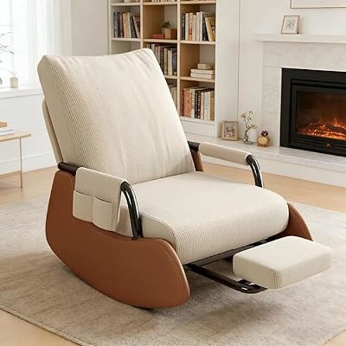 Rocking Chair Nursery, Upholstered Glider Rocking Chair with Side Pocket and Adjustable High Backrest, Comfortable Rocker Recliner with Footrest Perfect for Living Room Bedroom, Beige