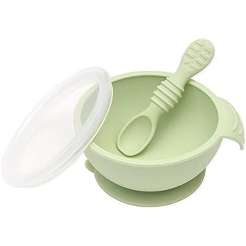 Bumkins Baby Bowl, Silicone Feeding Set with Suction for Baby and Toddler, Includes Spoon and Lid, First Feeding Set, Training Essentials for Baby Led Weaning for Babies 4 Months Up, Sage