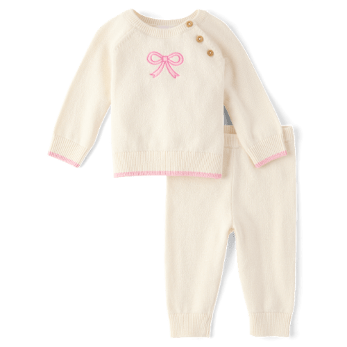 Baby Girls Embroidered Bow 2-Piece Outfit Set - Cream