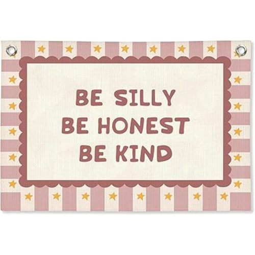 Pink Girls Room Decor, Girl Nursery Decor Boho Retro Classroom Wall Hanging Canvas Banner, Be Silly Honest Kind Classroom Wall Art Decor for Kids Nursery Toddler Room Bedroom Playroom, 30x20
