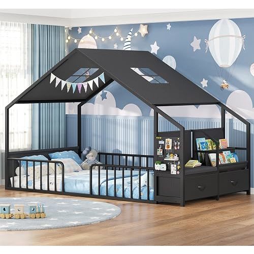 Montessori Twin Floor Bed, Safety Guardrail,Reading Nook, House Shape,Black