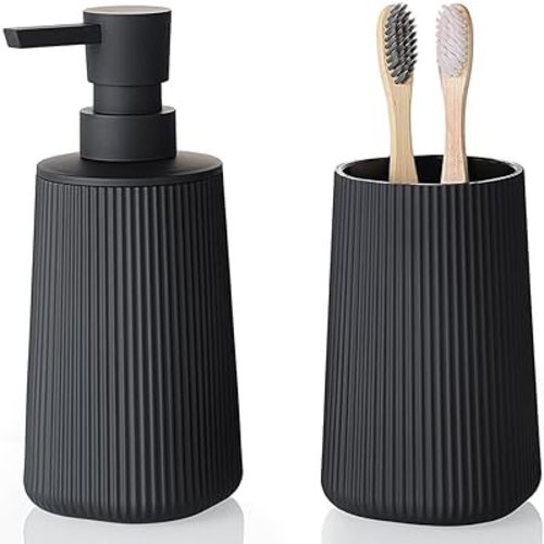 Bathroom Accessories 2 Piece Soap Dispenser and Toothbrush Holder Set Striped Black