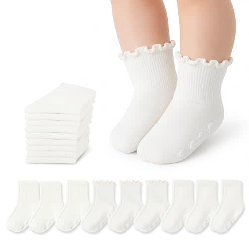 9 Pairs Baby Toddler Socks Crew Sock Ruffle Dress Non Slip Grip Cute Cotton for Infant Newborn Boys Girls White