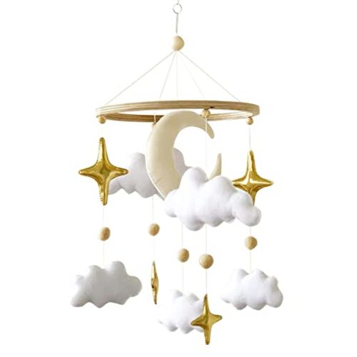 Baby Mobile for Crib - Handmade Modern Boho Baby Mobiles for Bassinet Felt Nursery Mobile Gender Neutral - Gold Moon and Stars - Girl Cribs Decorations